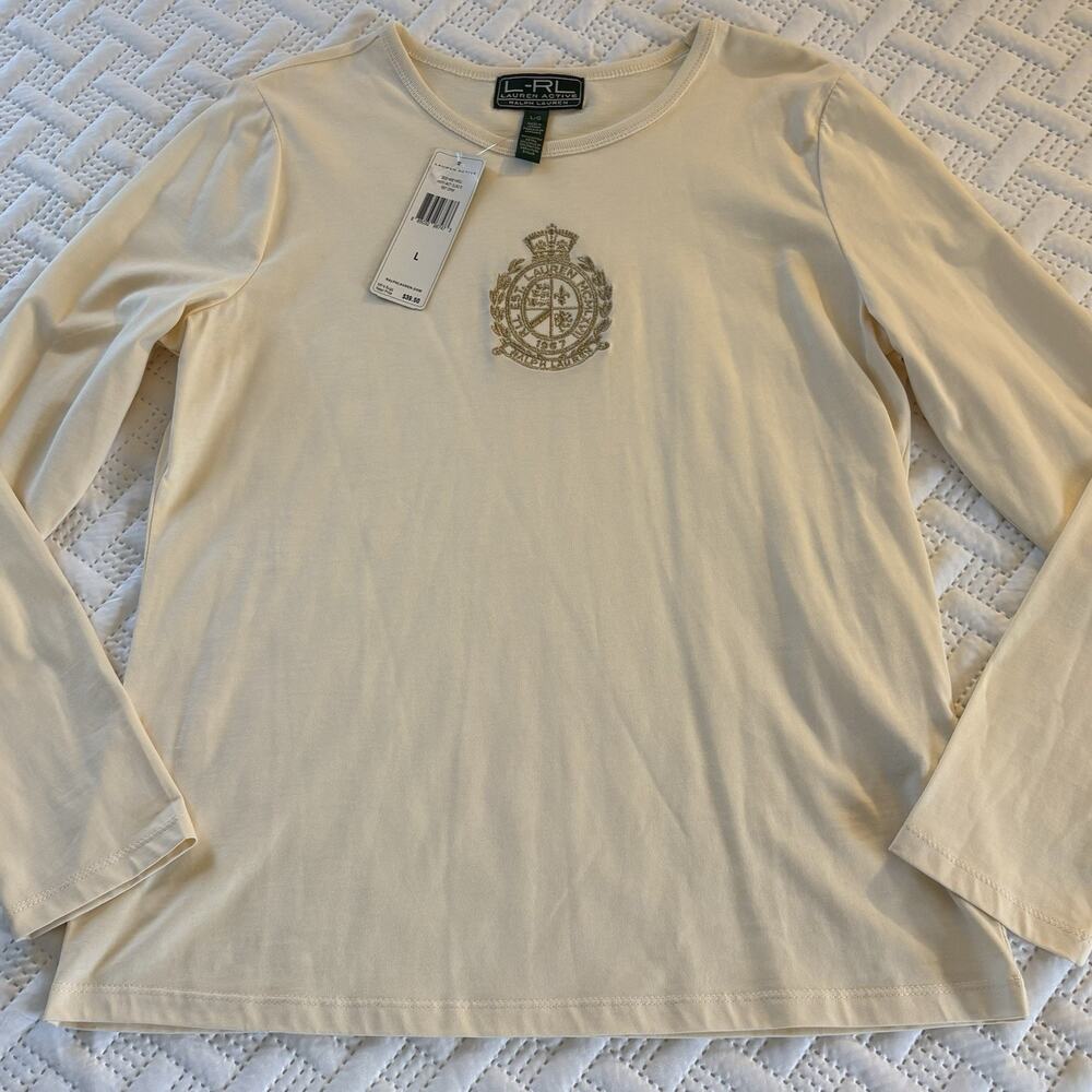 Vintage Y2K Ralph Lauren Active L-RL Ivory Long Sleeve T-shirt Gold Crest NEW!